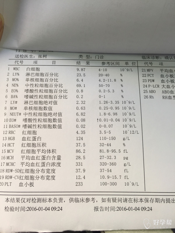 怀孕三个月了初期建卡血常规有一项指标偏高 正常0.01-0.04.我0.