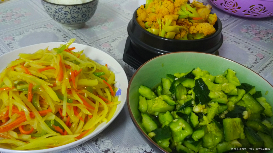 今天的晚饭,干锅菜花,炒三丝