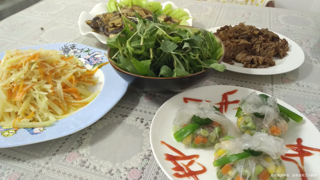 晚饭,香菇油菜,酱牛肉,土豆丝