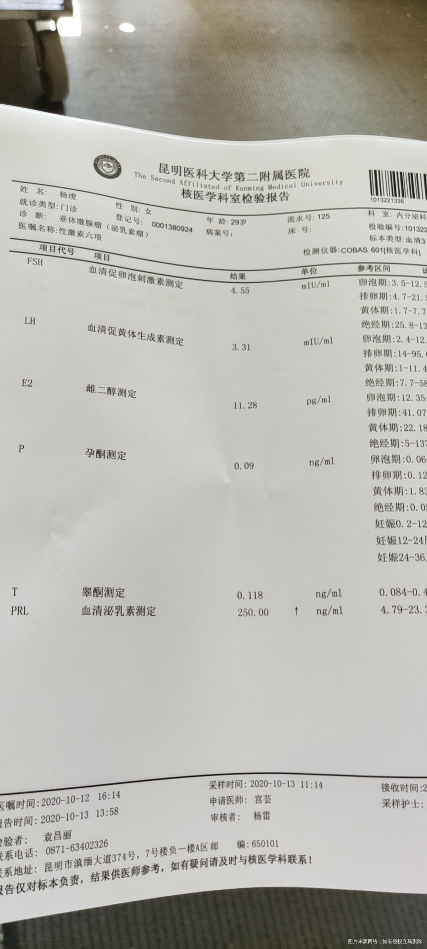 有045cm的垂体瘤内膜03cm泌乳素250