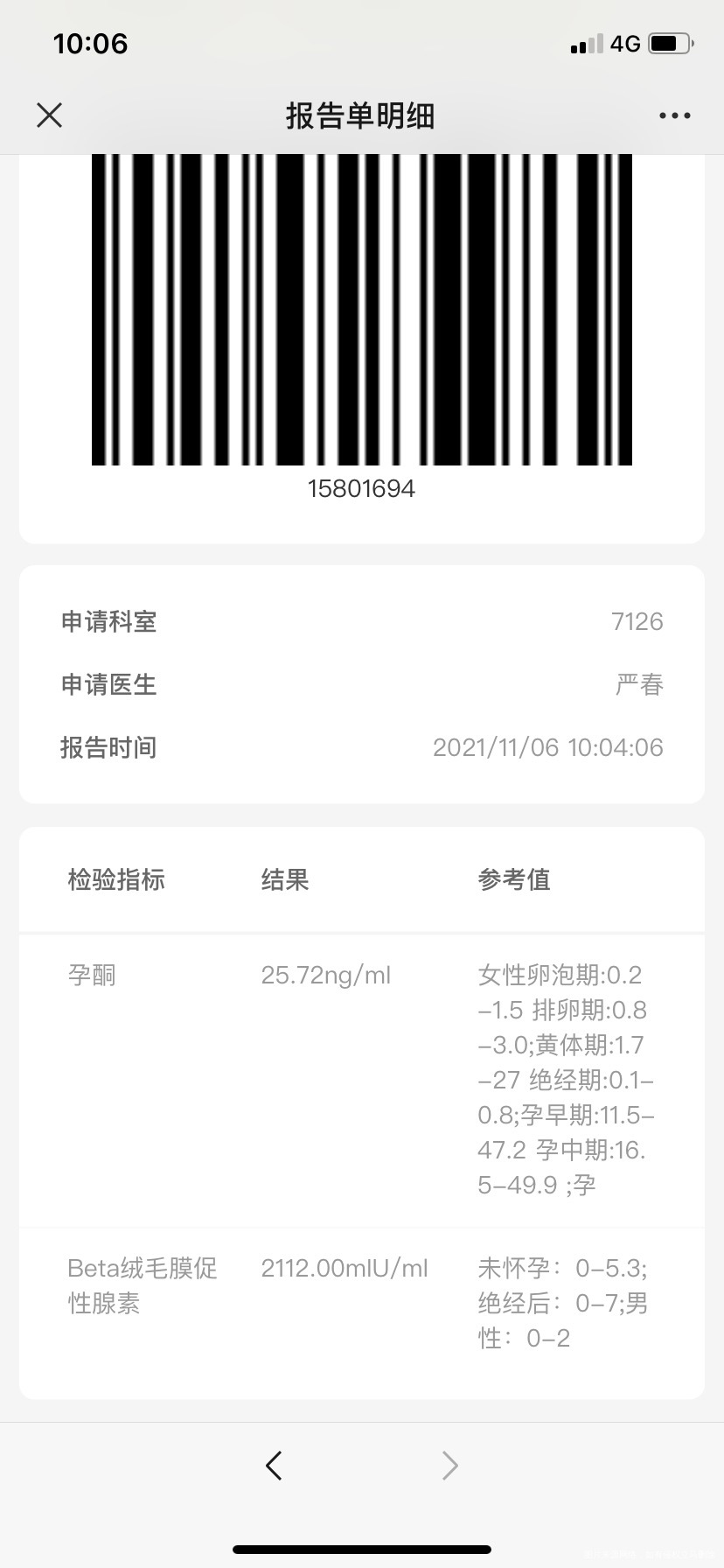 11月4日在妇幼医院检查hcg1700多6日