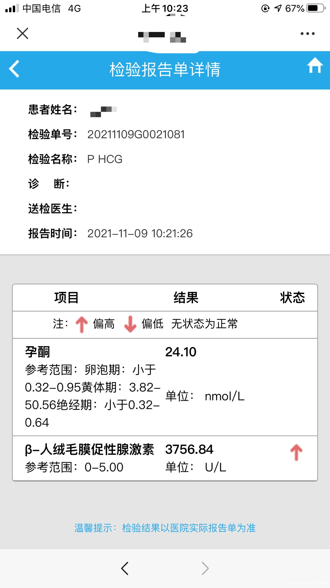 移植的冻囊胚十四天抽血hcg3756孕酮24