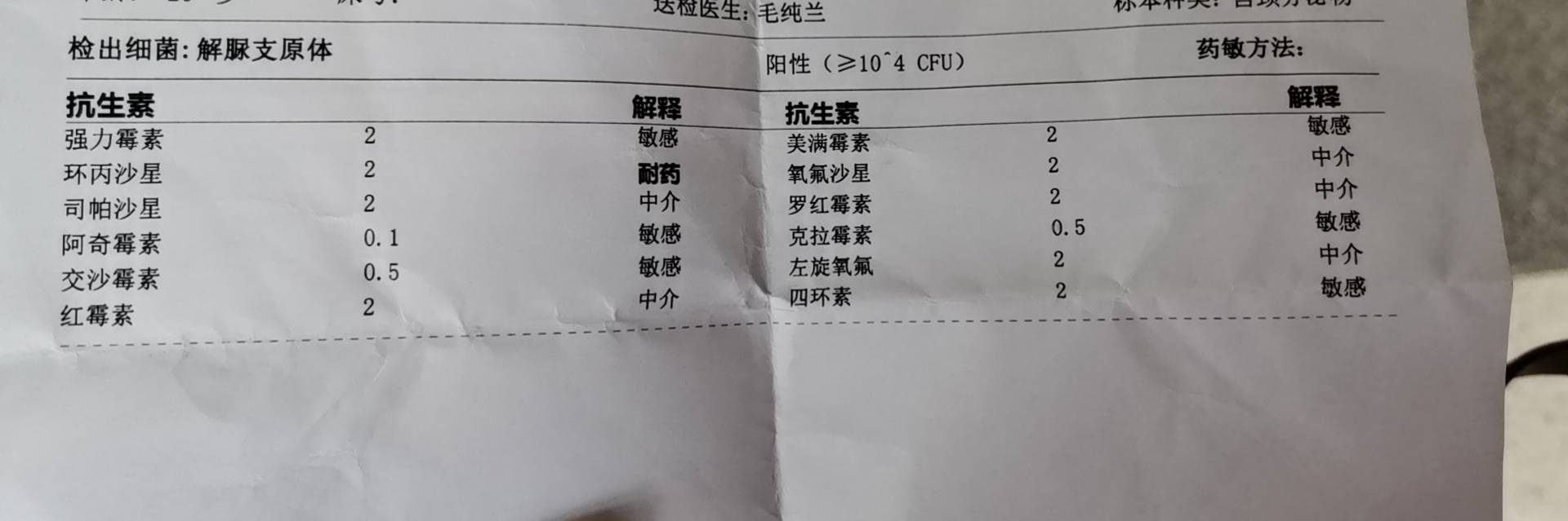 医生您好我前段时间查出支原体阳性做了药敏培养