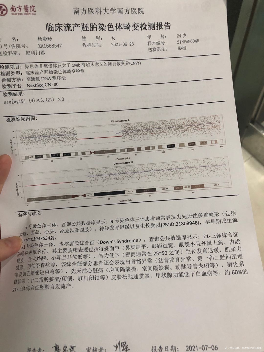623胎停刮宫胚染异常9号跟21三倍体夫妻染