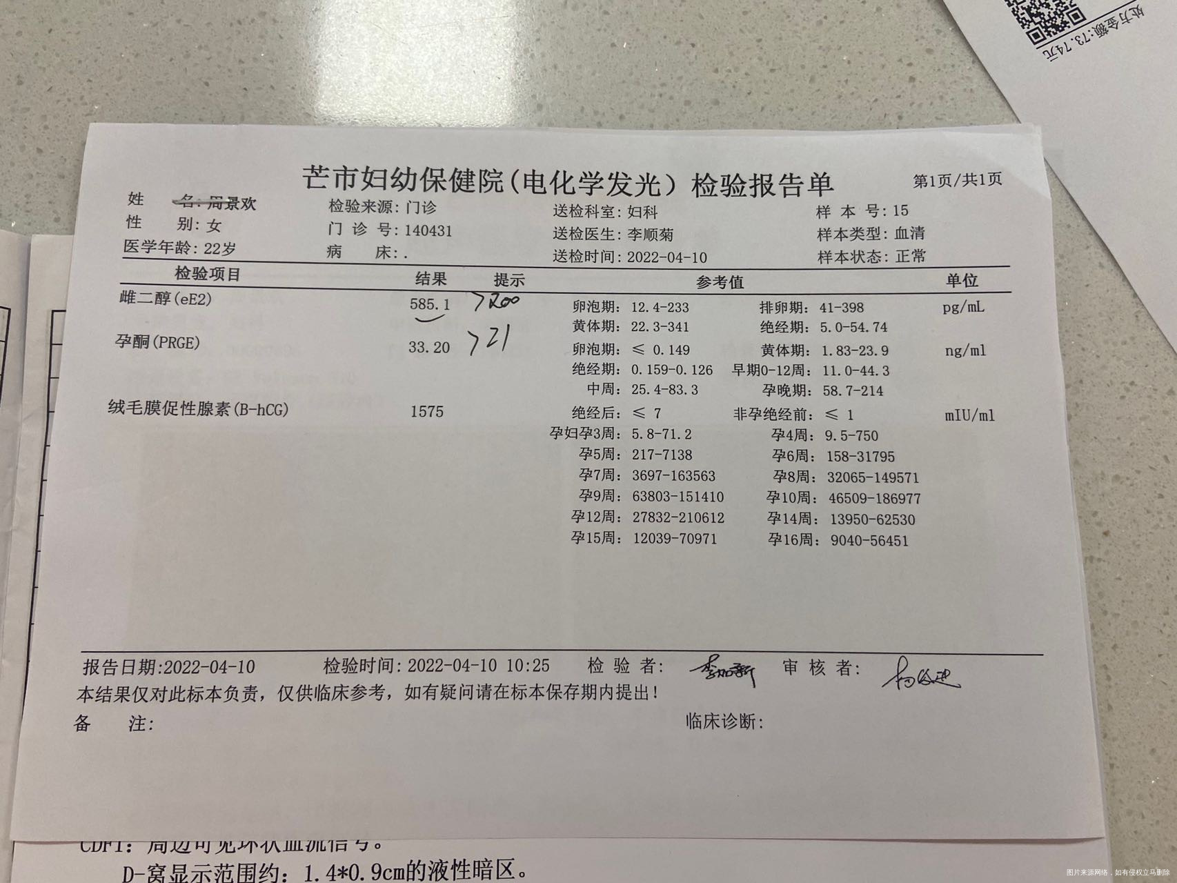 多囊末次月经3月9号昨天抽血雌二醇孕酮hcg