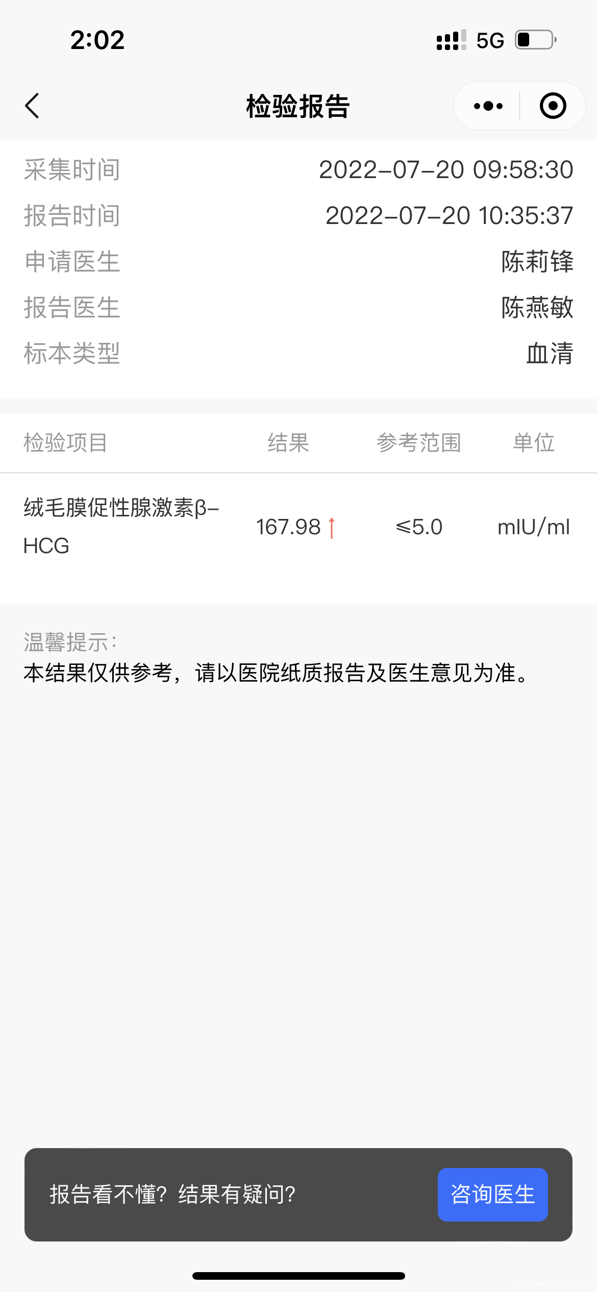 未次月经623日今天抽血HCG16798mi